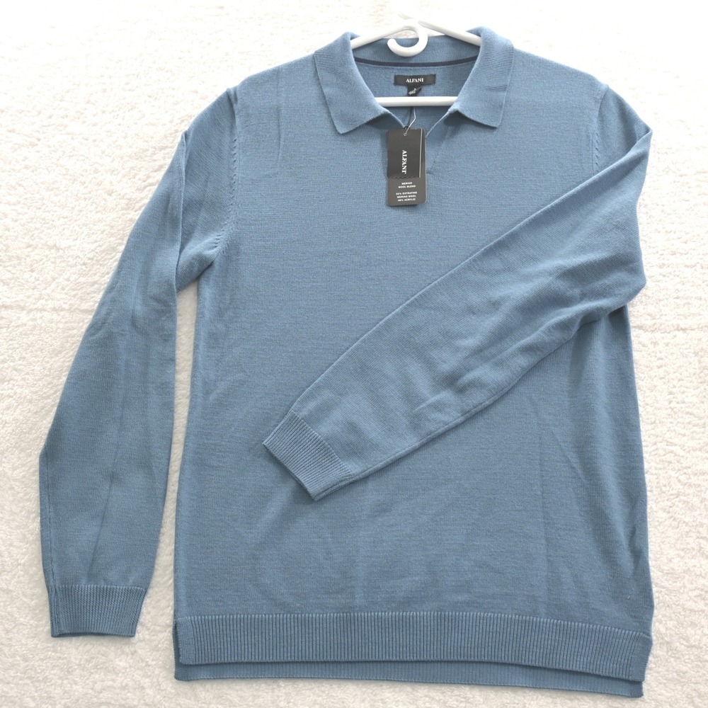Alfani Mens Blue Shale Extrafine Merino Wool Polo Sweater Small